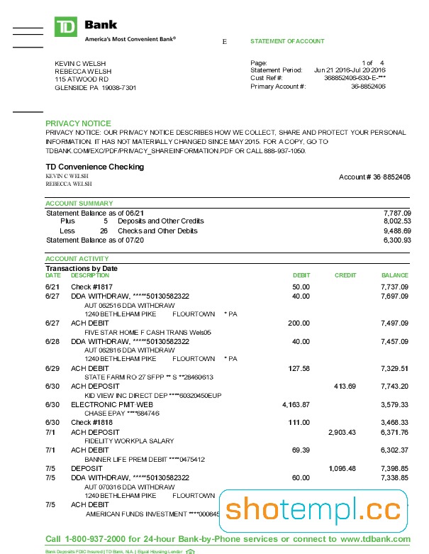 TD Bank Statement PDF Template
